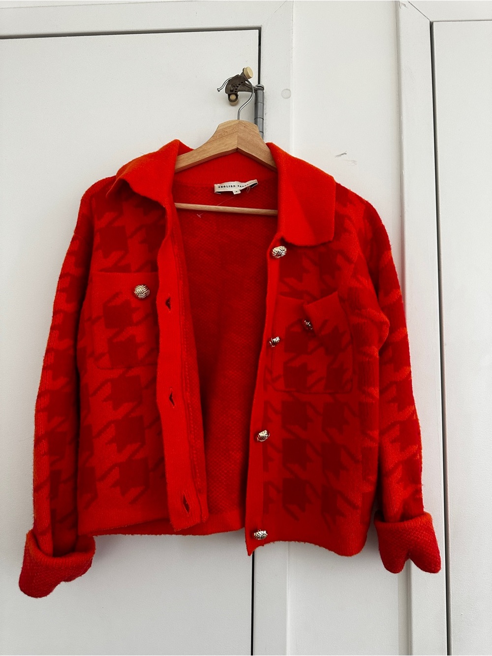 ENGLISH FACTORY HOUNDSTOOTH CROPPED CARDIGAN SWEATER